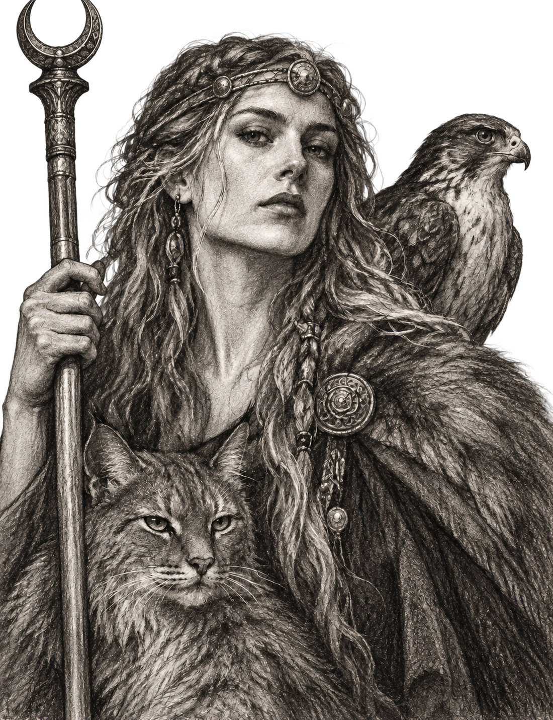 Kedisi, şahini ve asasıyla betimlenen Freyja’nın karakalem portresi.