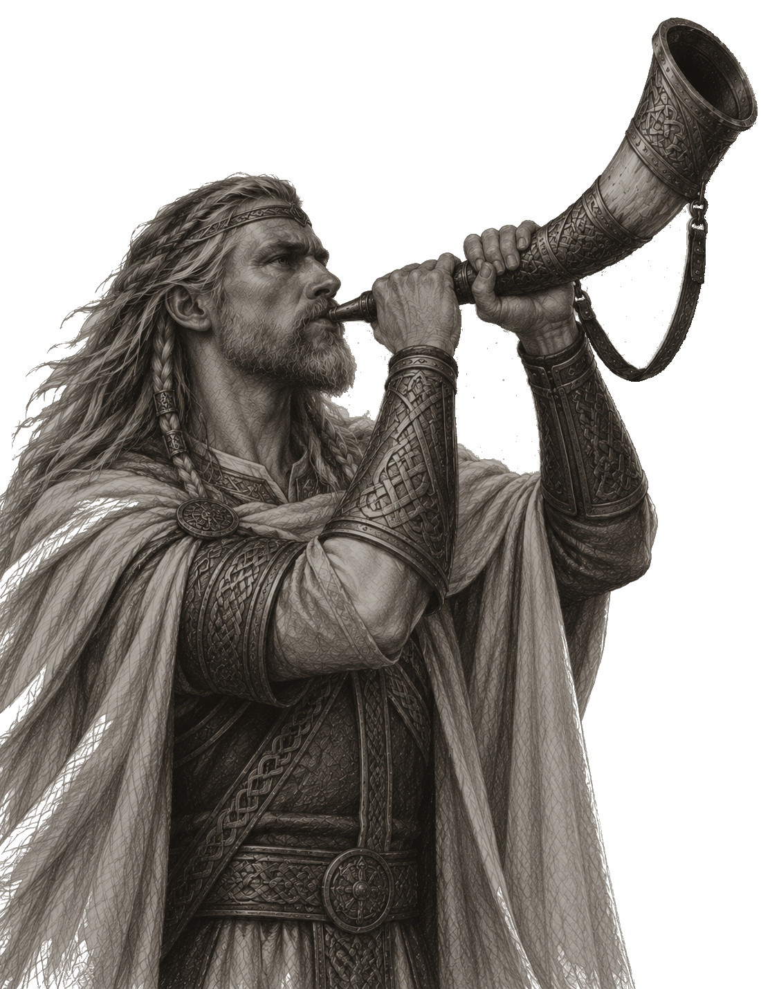 Gjallarhorn’u çalan Heimdall’in karakalem portresi.