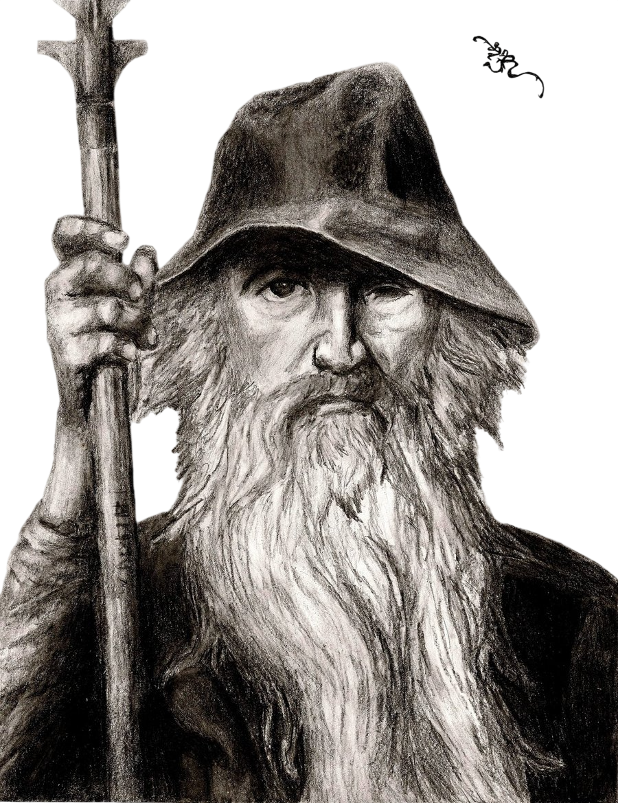 Şapkalı, uzun sakallı Odin’in tek gözlü, elinde uzun bir asa tuttuğu karakalem portresi.