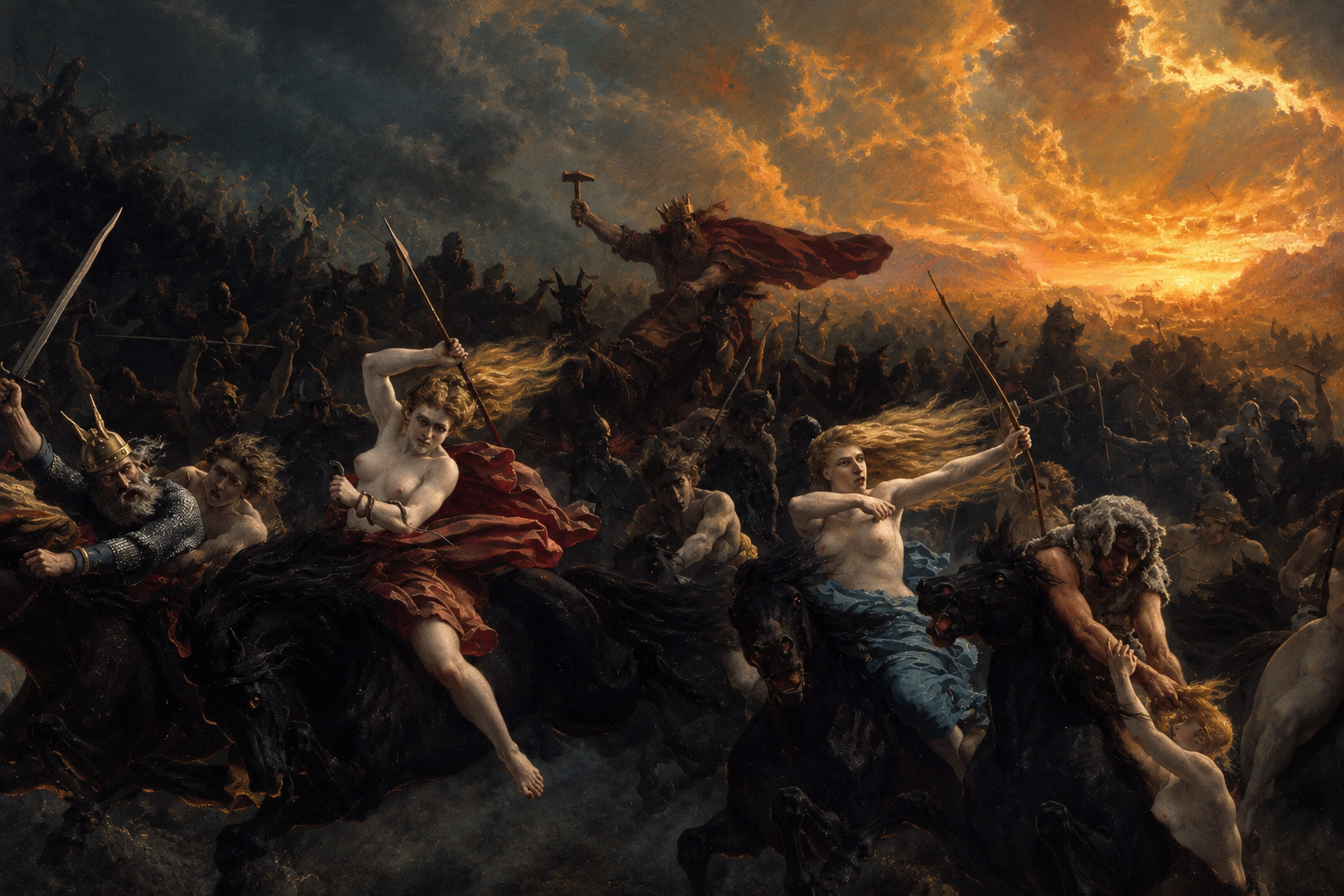 Ragnarök’te savaşan savaşçıları ve ufku kaplayan ateşli gökyüzünü betimleyen illüstrasyon.