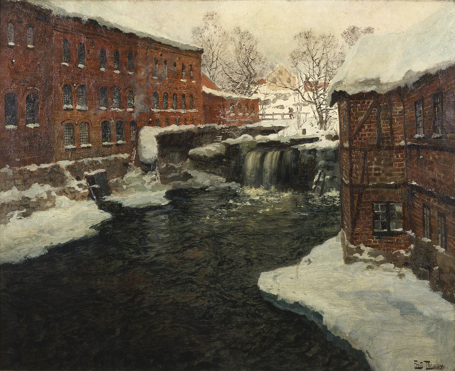 Frits Thaulow’un karlı Akerselven kıyısındaki değirmen yapılarını ve akan suyu gösteren Mill Scene adlı tablosu.