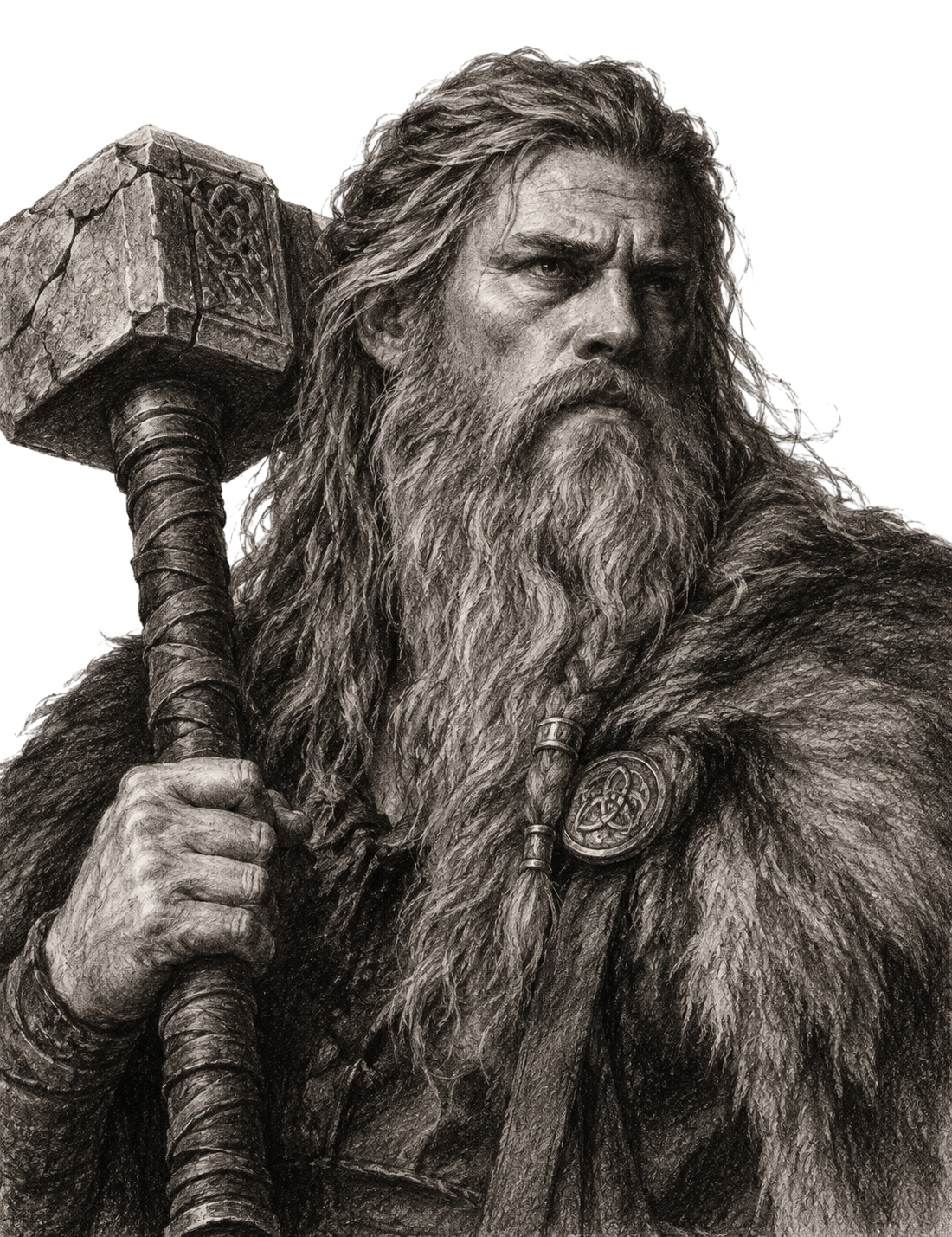 Uzun saçlı ve sakallı Thor’un Mjollnir’i tuttuğu karakalem portresi.